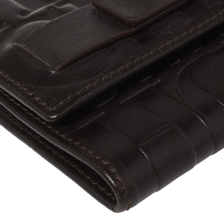 Pre Owned Carolina Herrera Brown Monogram Leather Trifold Wallet