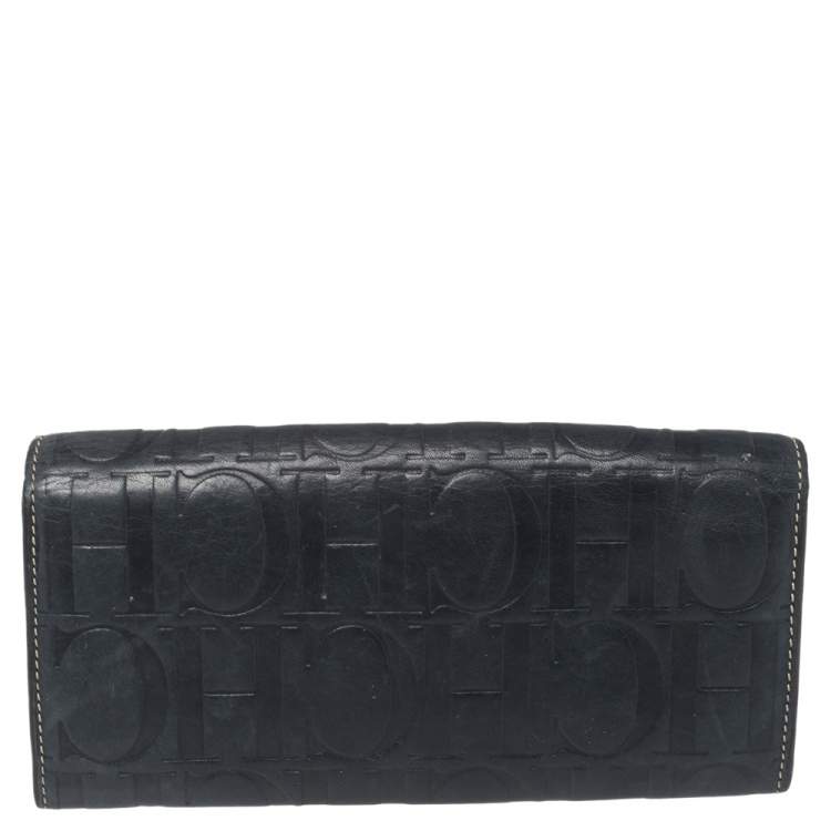 Pre Owned Carolina Herrera Blue/Tan Embossed Leather Flap Wallet