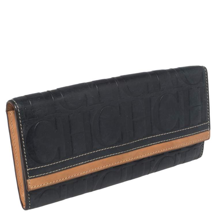 Pre Owned Carolina Herrera Blue/Tan Embossed Leather Flap Wallet