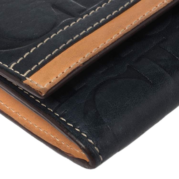 Pre Owned Carolina Herrera Blue/Tan Embossed Leather Flap Wallet