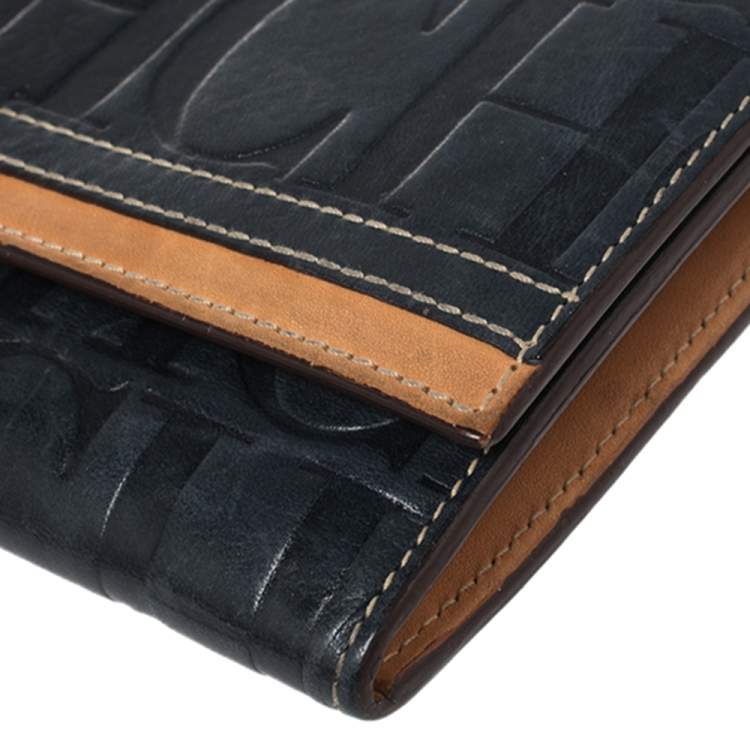 Pre Owned Carolina Herrera Blue/Tan Embossed Leather Flap Wallet
