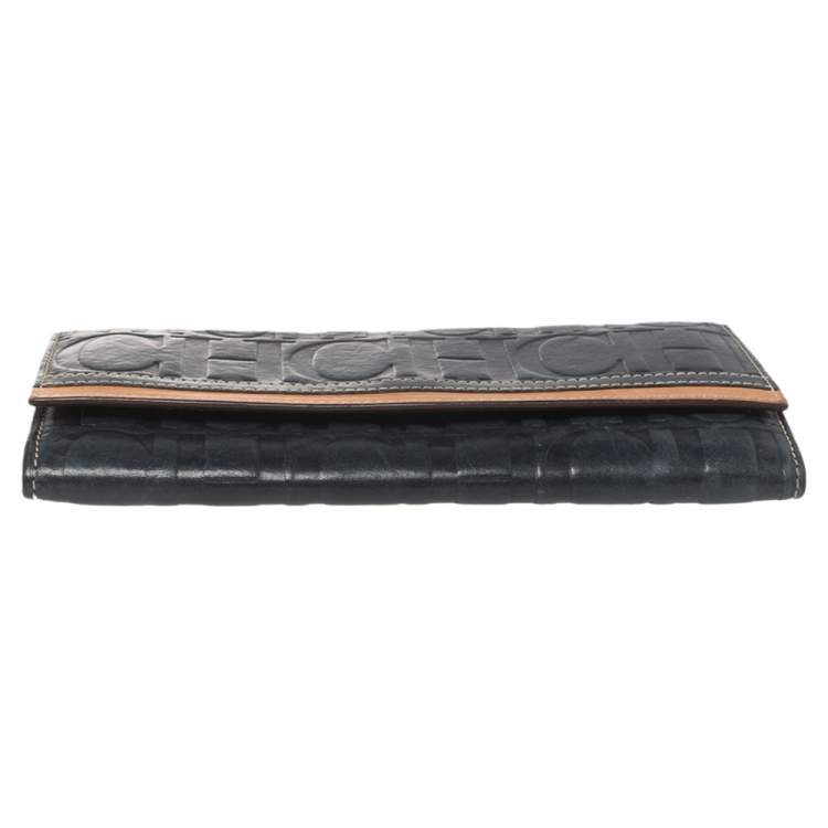 Pre Owned Carolina Herrera Blue/Tan Embossed Leather Flap Wallet