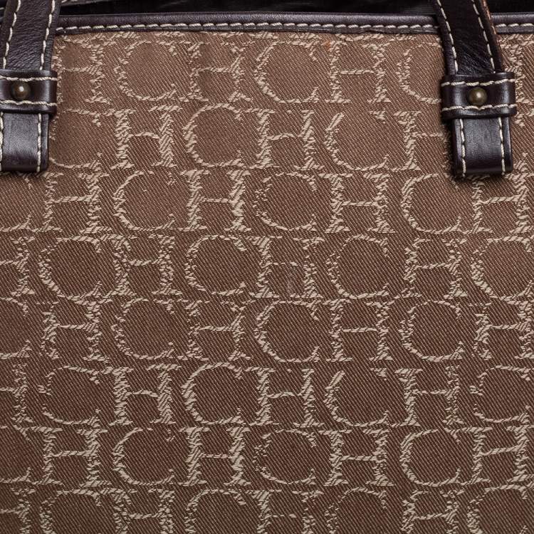 Pre Owned Carolina Herrera Beige/Dark Brown Monorgam Fabric and Leather Open Tote