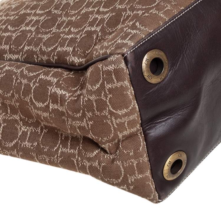 Pre Owned Carolina Herrera Beige/Dark Brown Monorgam Fabric and Leather Open Tote