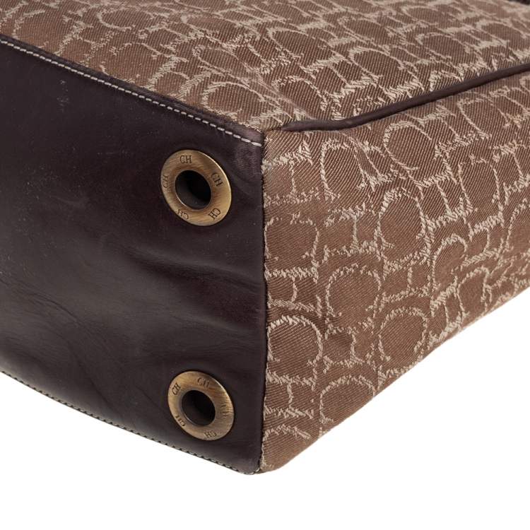 Pre Owned Carolina Herrera Beige/Dark Brown Monorgam Fabric and Leather Open Tote