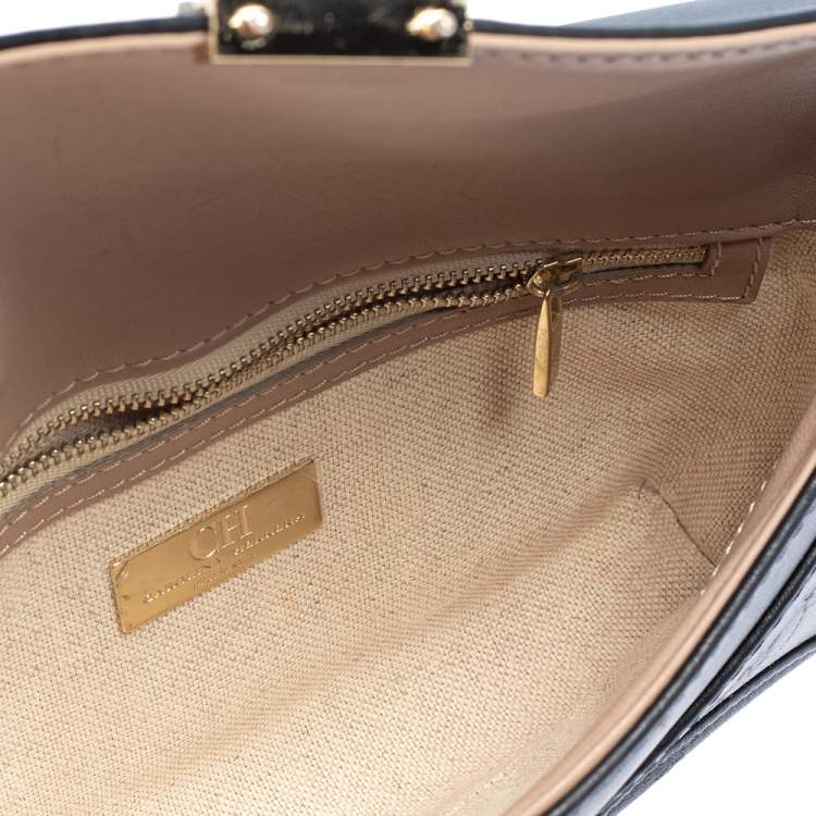 Pre Owned Carolina Herrera Black Leather Envelope Flap Crossbody Bag