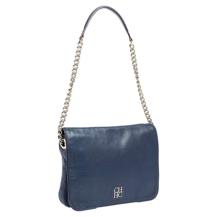Pre Owned Carolina Herrera Blue Leather New Baltazar Flap Shoulder Bag