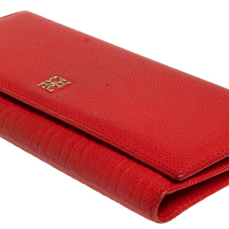 Pre Owned Carolina Herrera Red Monogram Leather Flap Continental Wallet