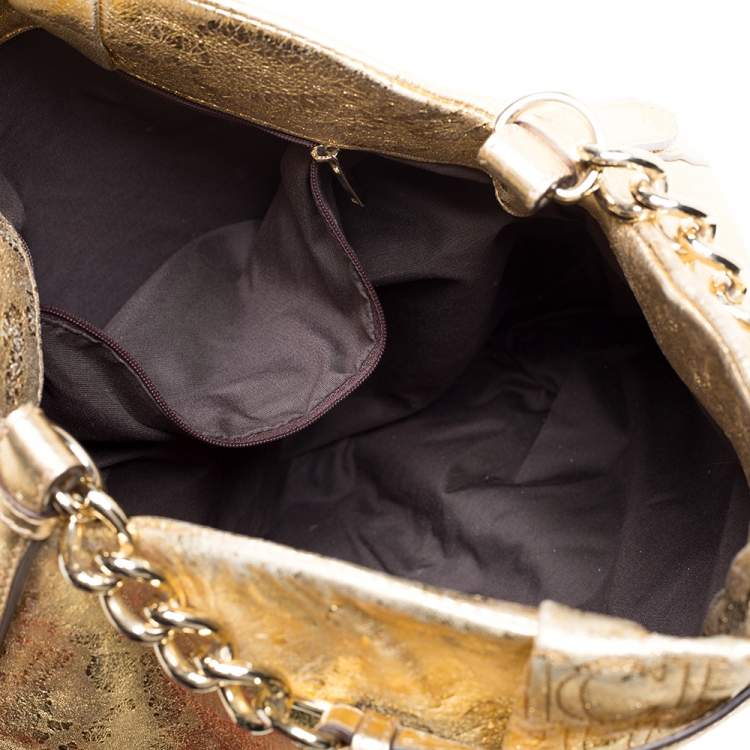 Pre Owned Carolina Herrera Gold Metallic Monogram Leather Chain Hobo