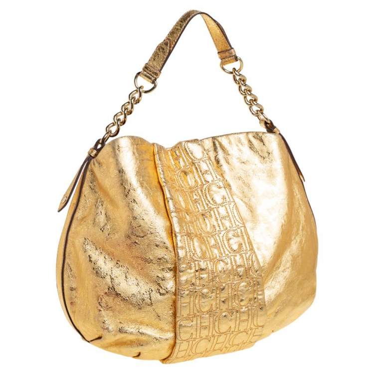 Pre Owned Carolina Herrera Gold Metallic Monogram Leather Chain Hobo