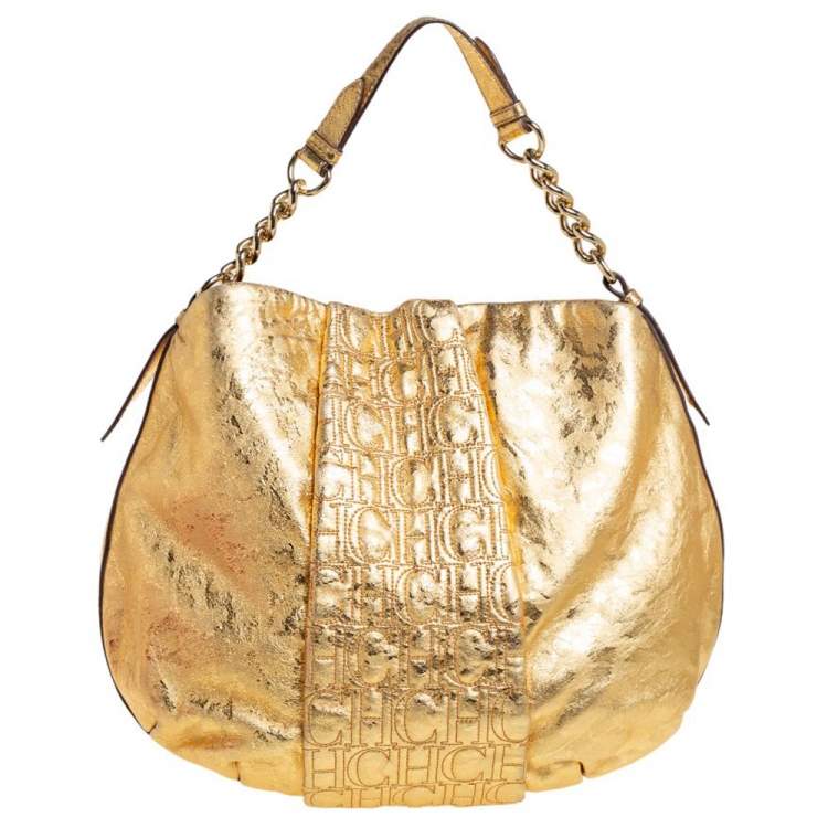 Pre Owned Carolina Herrera Gold Metallic Monogram Leather Chain Hobo