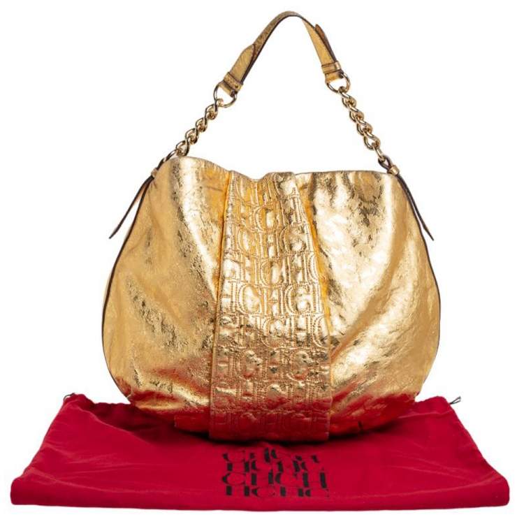 Pre Owned Carolina Herrera Gold Metallic Monogram Leather Chain Hobo