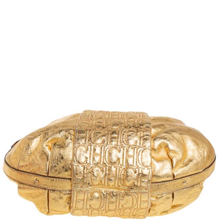 Pre Owned Carolina Herrera Gold Metallic Monogram Leather Chain Hobo