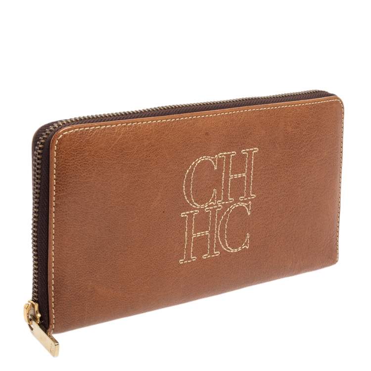 Pre Owned Carolina Herrera Brown Leather Zip Around Wallets