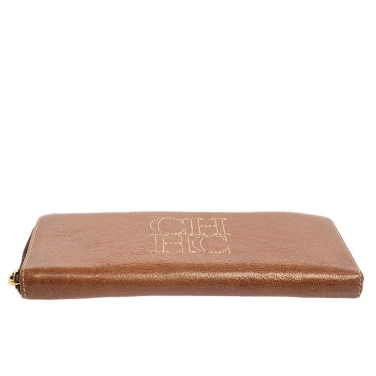 Pre Owned Carolina Herrera Brown Leather Zip Around Wallets