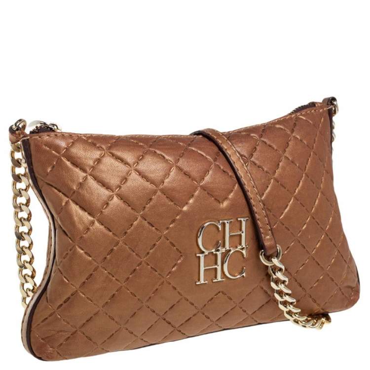 Pre Owned Carolina Herrera Metallic Beige Leather Chain Shoulder Bag