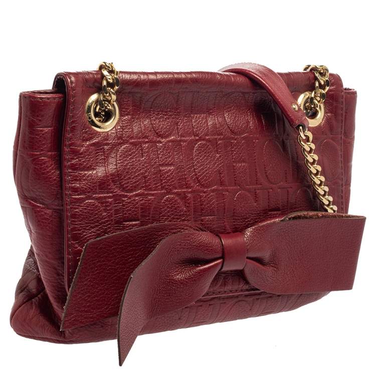Pre Owned Carolina Herrera Burgundy Monogram Leather Audrey Shoulder Bag