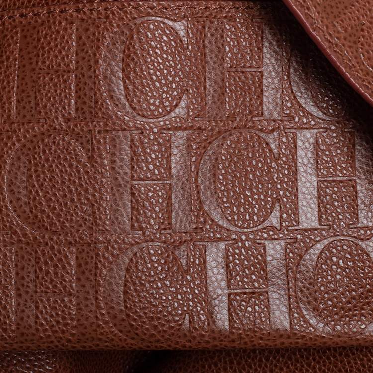 Pre Owned Carolina Herrera Brown Embossed Leather Minuetto Flap Top Handle Bag