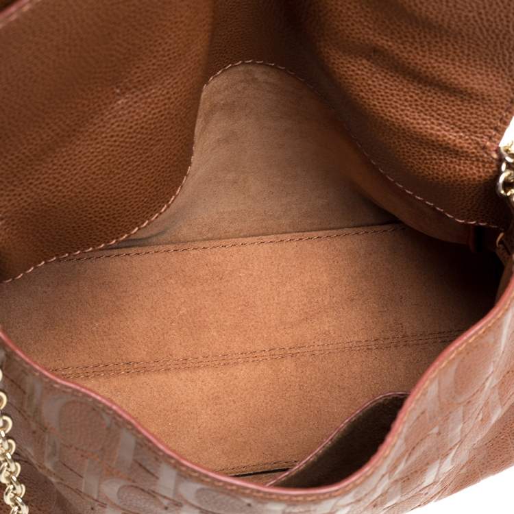 Pre Owned Carolina Herrera Brown Embossed Leather Minuetto Flap Top Handle Bag