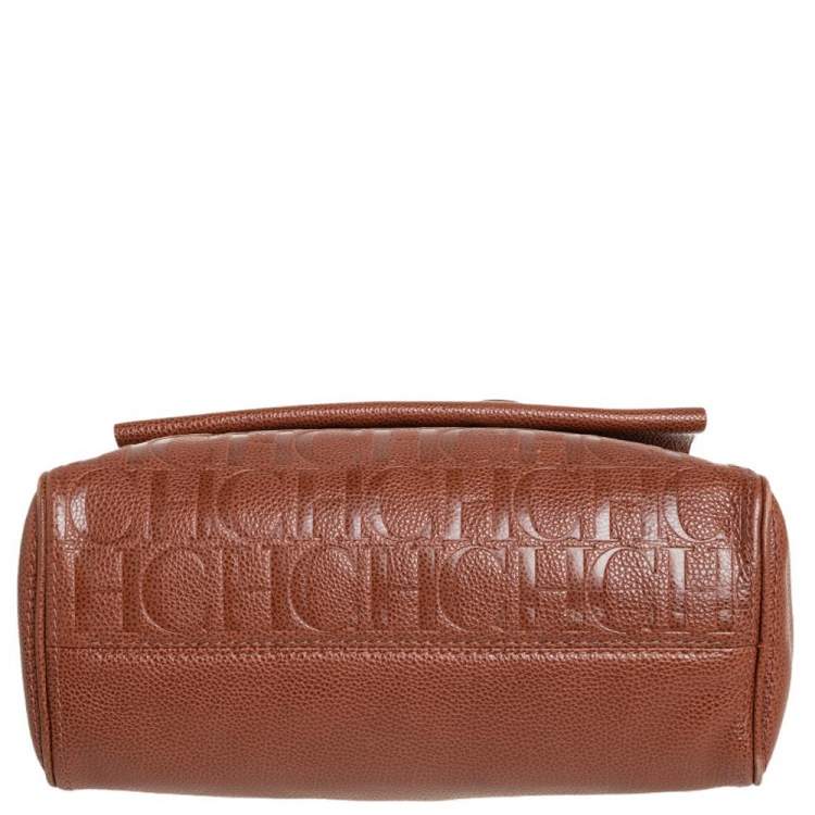 Pre Owned Carolina Herrera Brown Embossed Leather Minuetto Flap Top Handle Bag