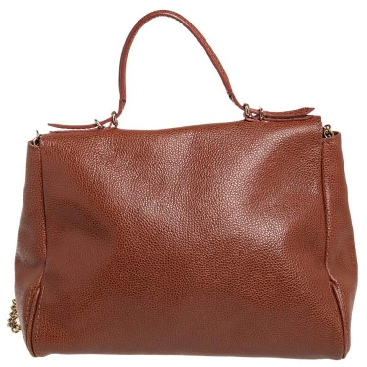 Pre Owned Carolina Herrera Brown Embossed Leather Minuetto Flap Top Handle Bag