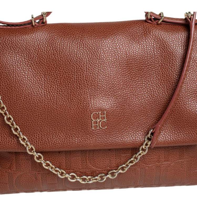 Pre Owned Carolina Herrera Brown Embossed Leather Minuetto Flap Top Handle Bag
