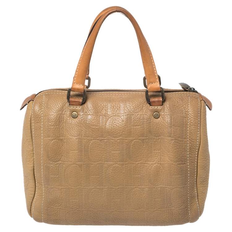 Pre Owned Carolina Herrera Beige Monogram Leather Medium Andy Boston Bag