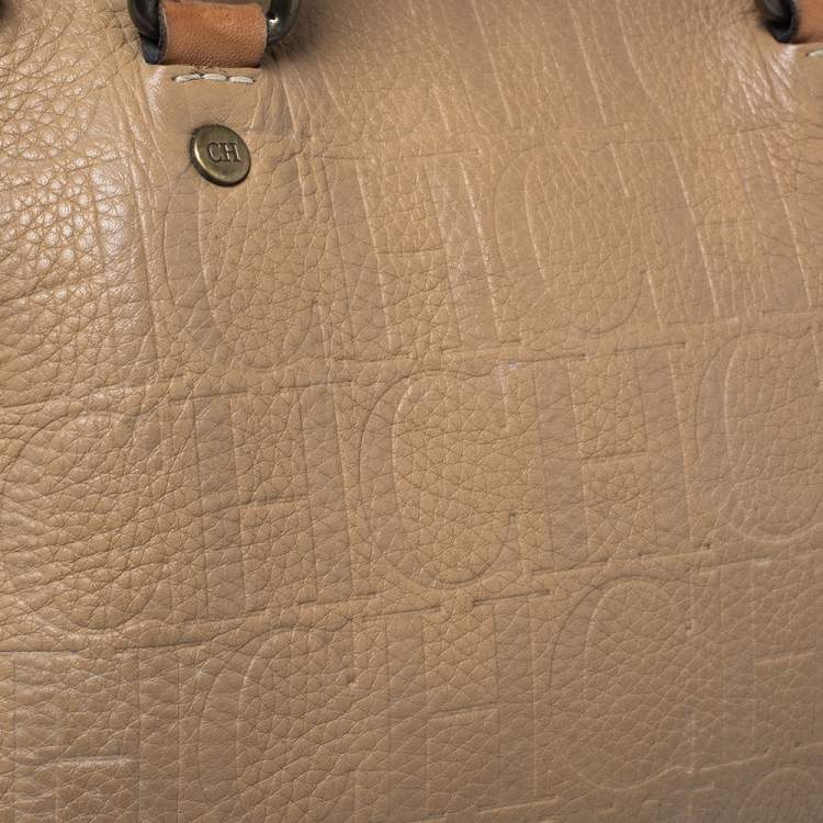 Pre Owned Carolina Herrera Beige Monogram Leather Medium Andy Boston Bag