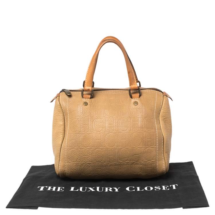 Pre Owned Carolina Herrera Beige Monogram Leather Medium Andy Boston Bag