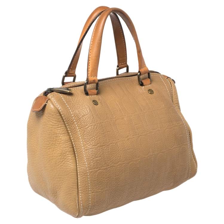 Pre Owned Carolina Herrera Beige Monogram Leather Medium Andy Boston Bag