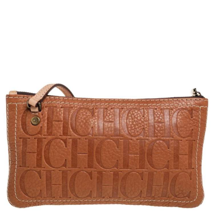 Pre Owned Carolina Herrera Tan Embossed Leather Shoulder Bag