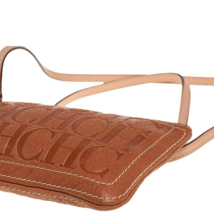 Pre Owned Carolina Herrera Tan Embossed Leather Shoulder Bag