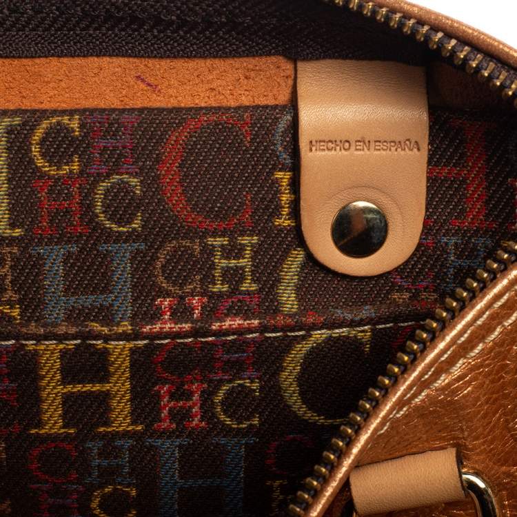 Pre Owned Carolina Herrera Metallic Rose Gold Embossed Leather Andy Boston Bag