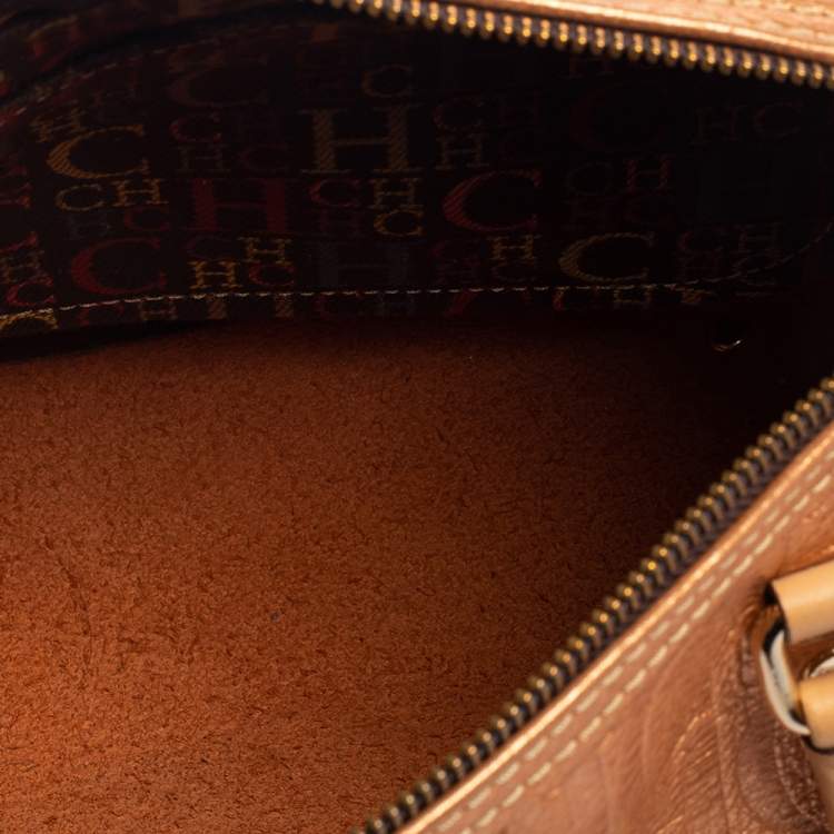 Pre Owned Carolina Herrera Metallic Rose Gold Embossed Leather Andy Boston Bag