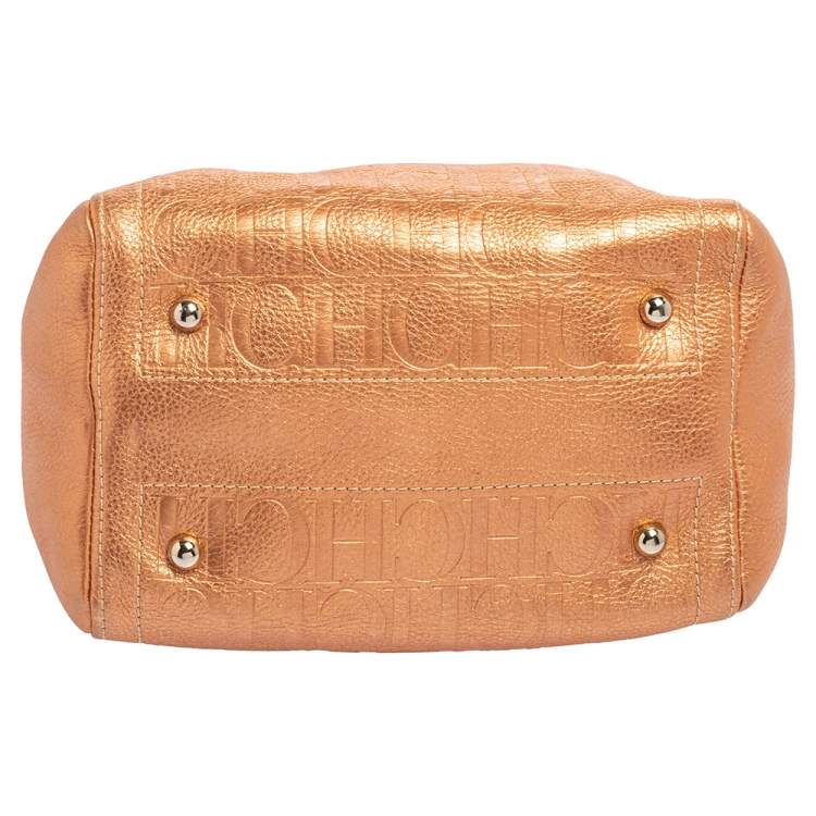 Pre Owned Carolina Herrera Metallic Rose Gold Embossed Leather Andy Boston Bag