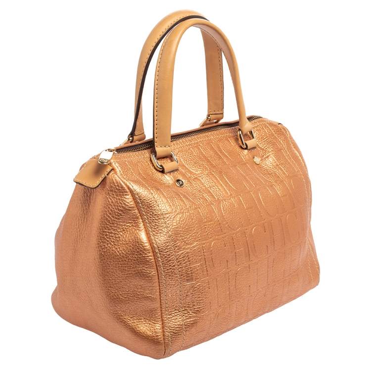 Pre Owned Carolina Herrera Metallic Rose Gold Embossed Leather Andy Boston Bag
