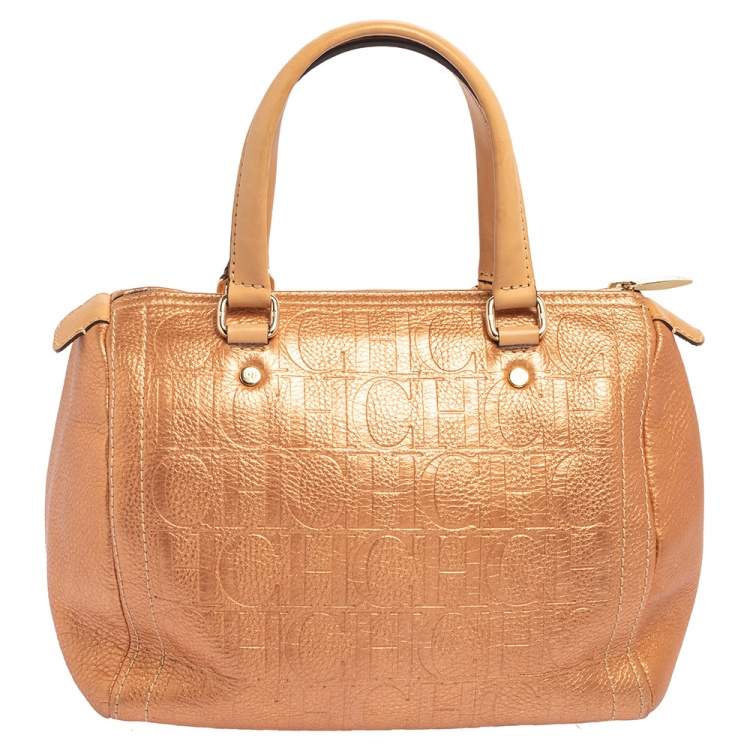 Pre Owned Carolina Herrera Metallic Rose Gold Embossed Leather Andy Boston Bag