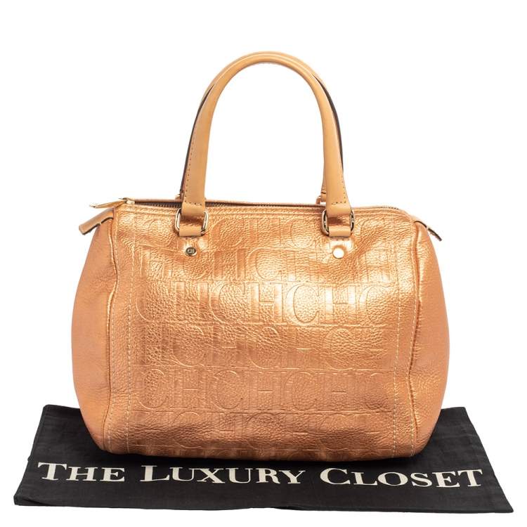 Pre Owned Carolina Herrera Metallic Rose Gold Embossed Leather Andy Boston Bag