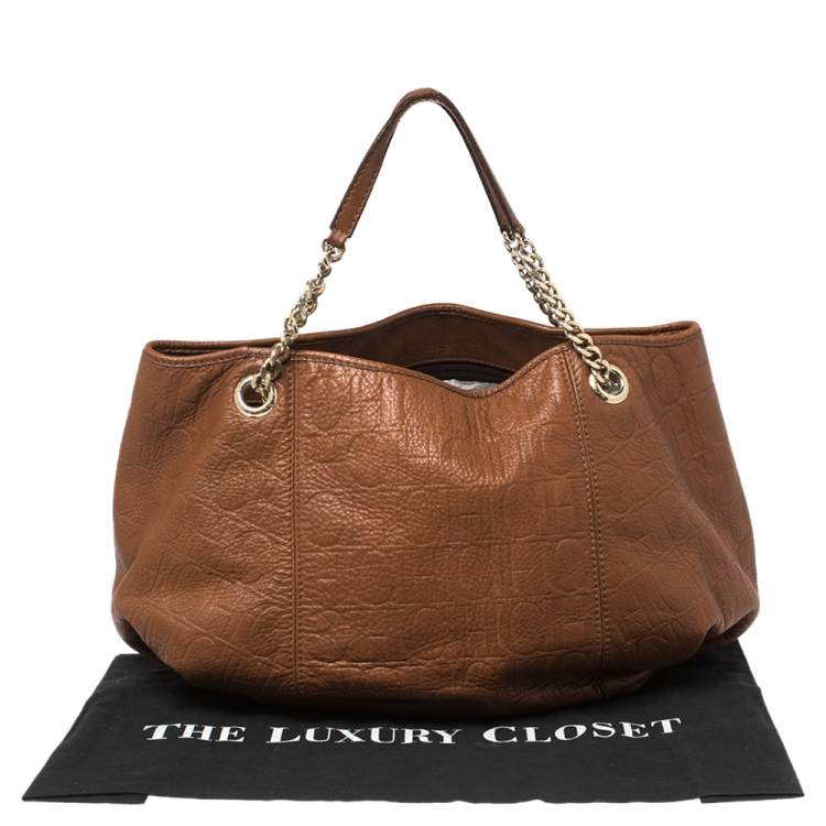 Pre Owned Carolina Herrera Brown Embossed Monogram Leather Chain Hobo