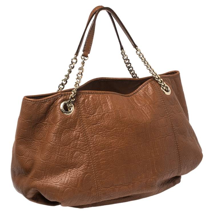 Pre Owned Carolina Herrera Brown Embossed Monogram Leather Chain Hobo