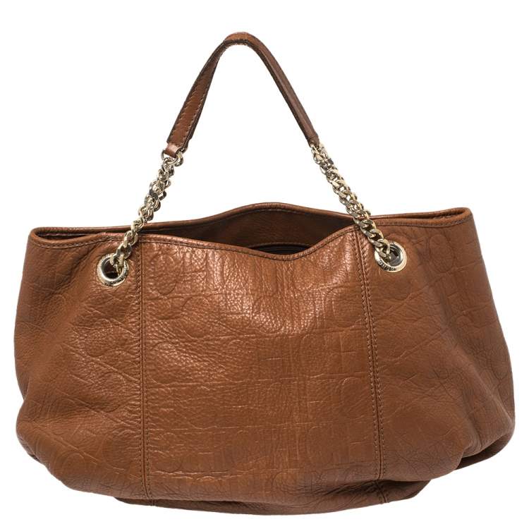 Pre Owned Carolina Herrera Brown Embossed Monogram Leather Chain Hobo
