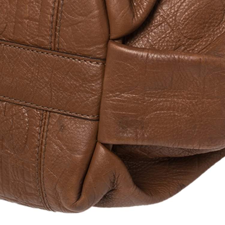 Pre Owned Carolina Herrera Brown Embossed Monogram Leather Chain Hobo