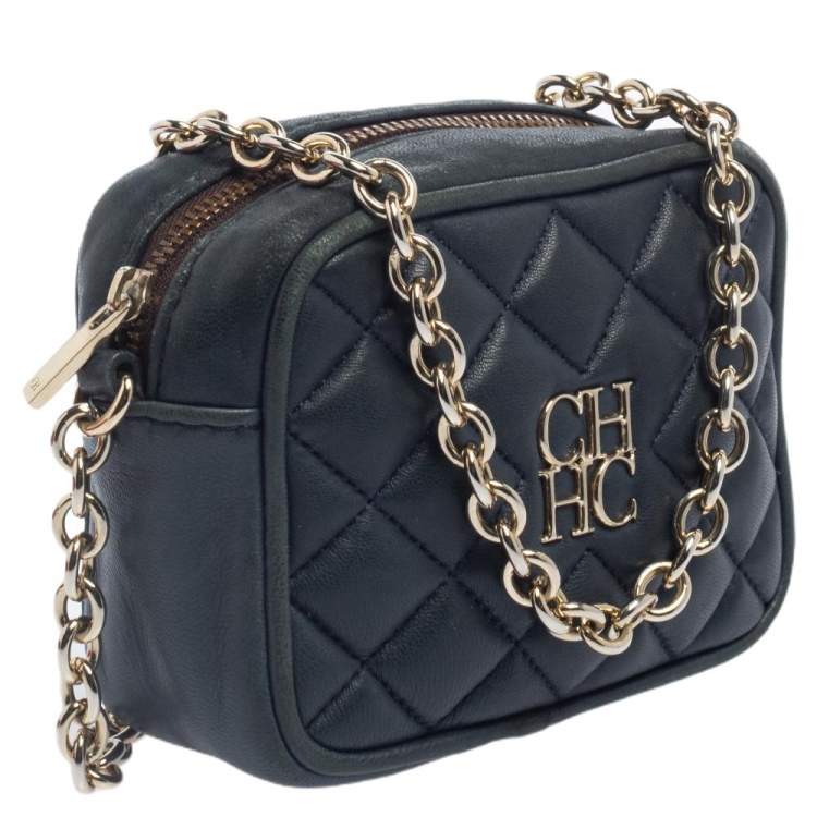 Pre Owned Carolina Herrera Blue Quilted Leather Chain Crossbody Bag