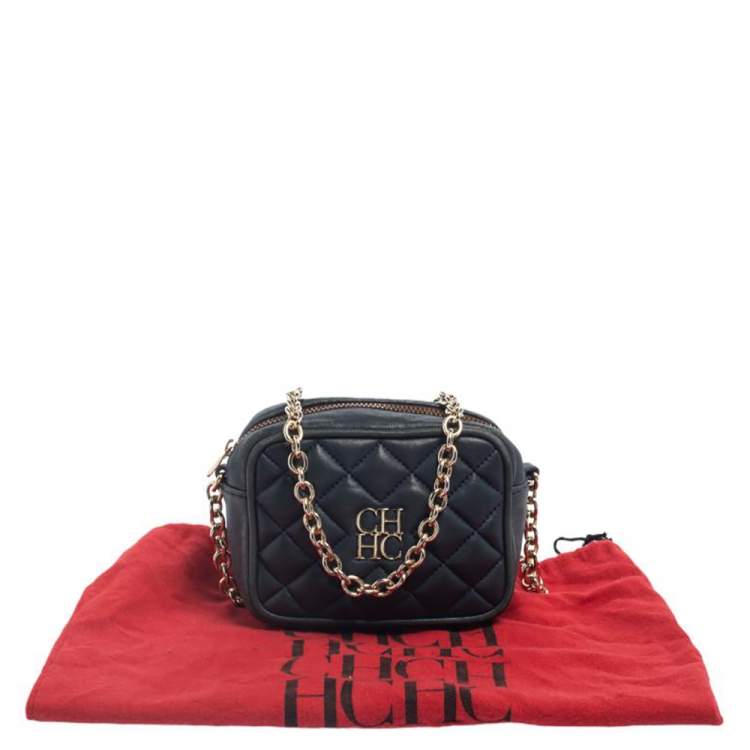 Pre Owned Carolina Herrera Blue Quilted Leather Chain Crossbody Bag