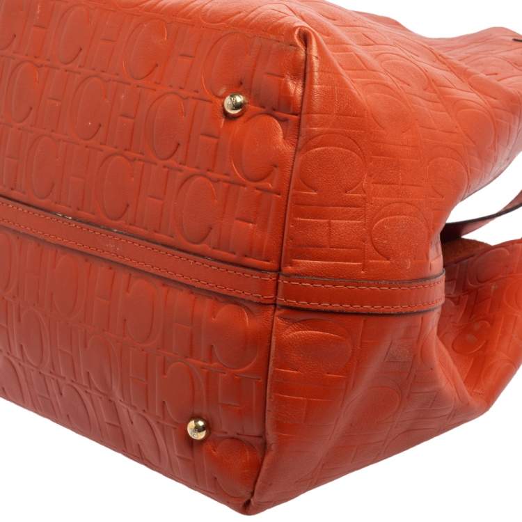 Pre Owned Carolina Herrera Orange Monogram Embossed Leather Matryoshka Tote