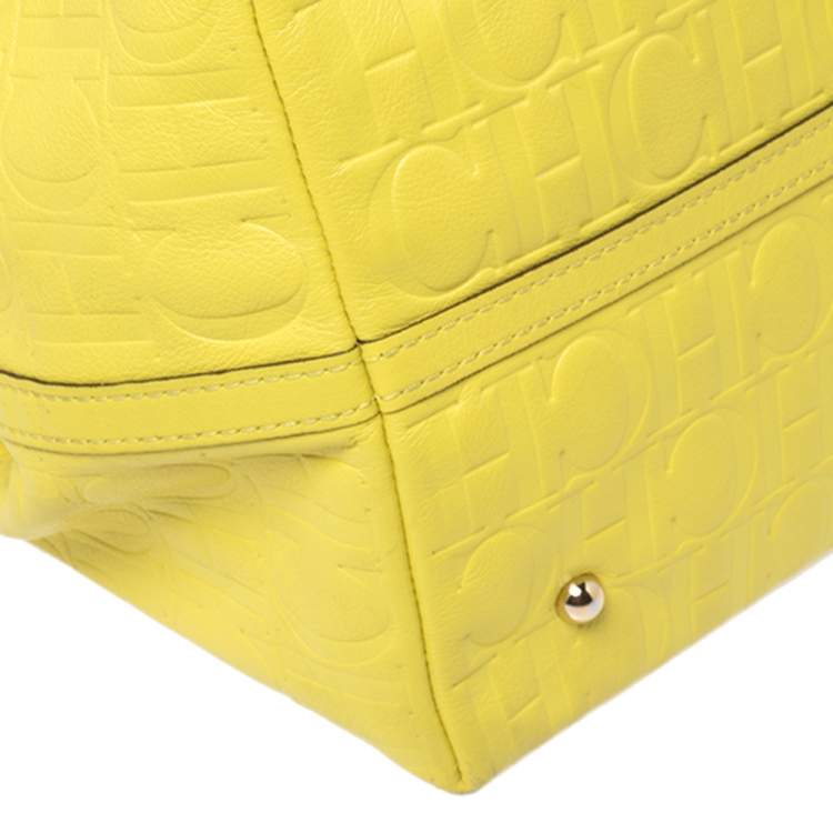 Pre Owned Carolina Herrera Neon Yellow Embossed Leather Matryoshka Tote