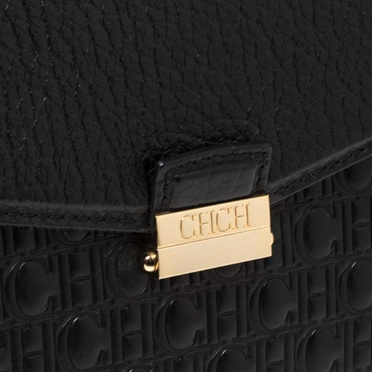 Pre Owned Carolina Herrera Black Monogram Leather Flap Top Handle Bag