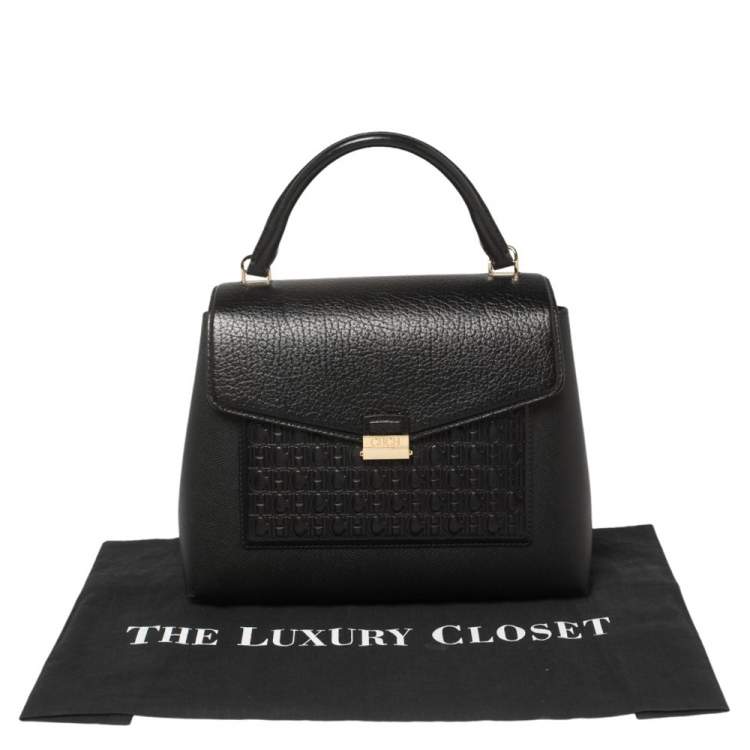 Pre Owned Carolina Herrera Black Monogram Leather Flap Top Handle Bag