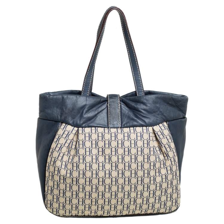 Pre Owned Carolina Herrera Blue/Off White Monogram Canvas and Leather Hobo