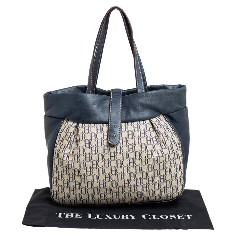 Pre Owned Carolina Herrera Blue/Off White Monogram Canvas and Leather Hobo